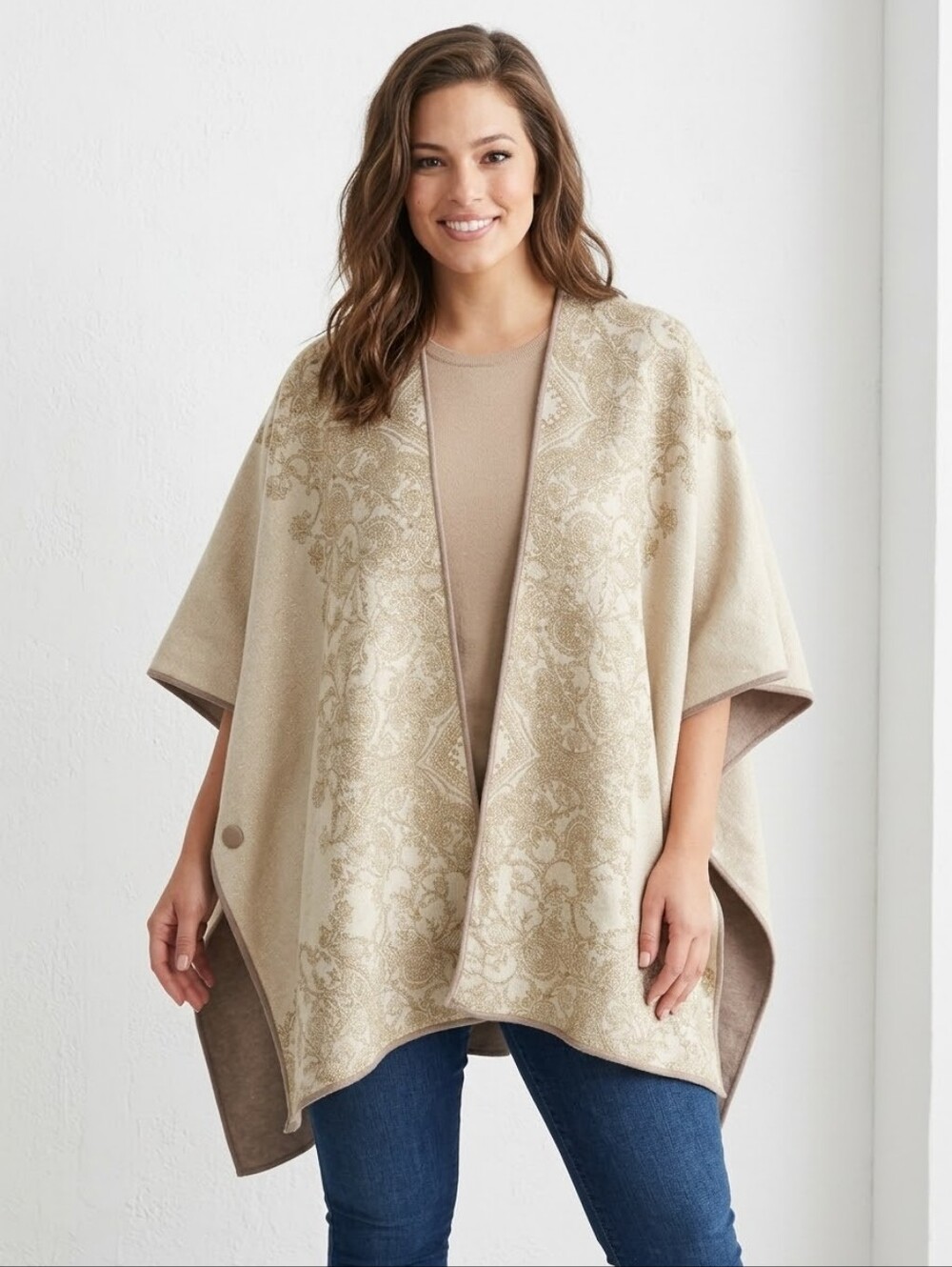 Chico's Reversible Knit Poncho Tan Cream Gold Size S/M but OSFM